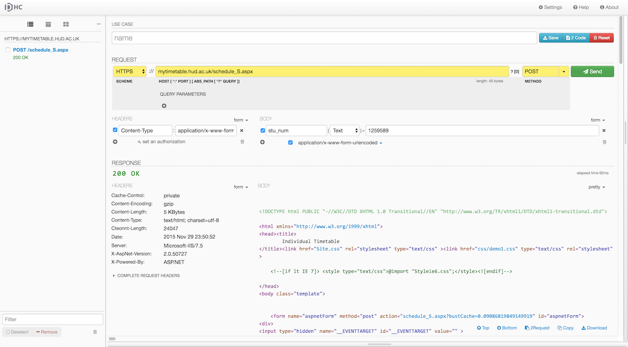 HTTP request for the timetable page, shown in the DHC HTTP utility