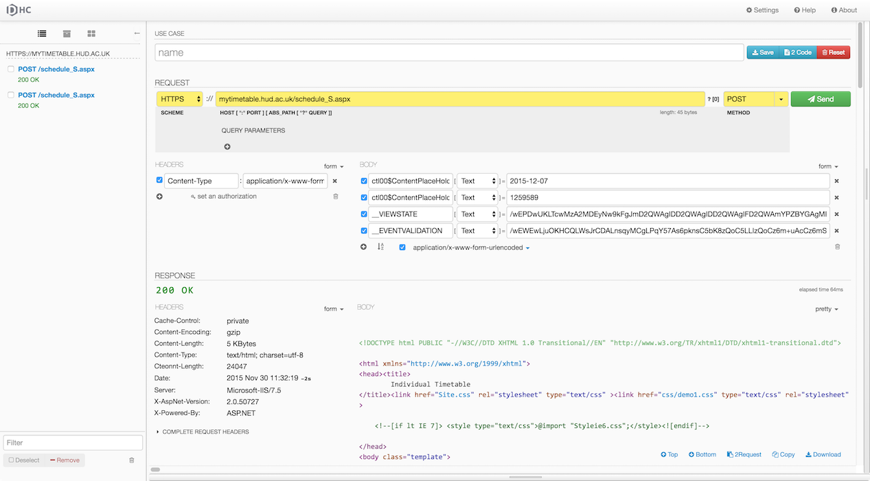 HTTP request for the future timetable page, shown in the DHC HTTP utility