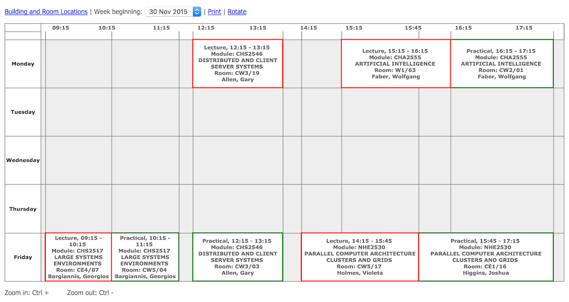 My university timetable for week beginning 30th November 2015